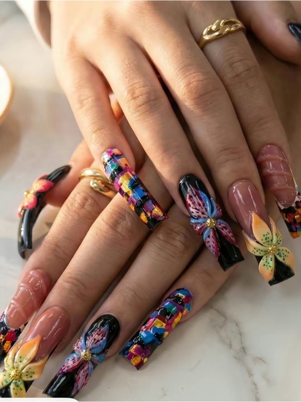 NEW 3D Floral Press On Nails Medium Long Curved Multicolor Black